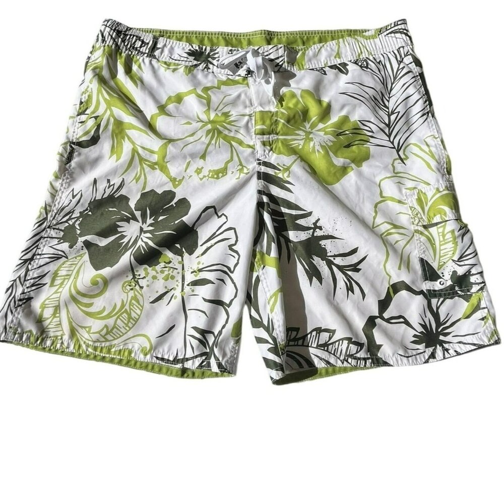 Breakwater Mens Size Large Hawaiian Swim Trunks Green White Floral Beach‎ Board